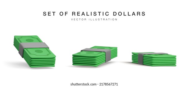 Set of 3D stack of dollar USA. Render green paper pack of money. Paper dollar banknote isolated on white background. Vector illustration