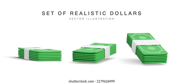 Set of 3D stack of dollar USA. Render green paper pack of money. Paper dollar banknote isolated on white background. Vector illustration