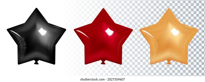 Set of 3d star balloons. Black red and gold. Isolated vector illustration.