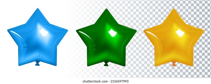 Set of 3d star balloons. Blue, Green and Yellow. Isolated vector illustration.