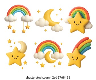 set of 3d star, moon, and rainbow in vector