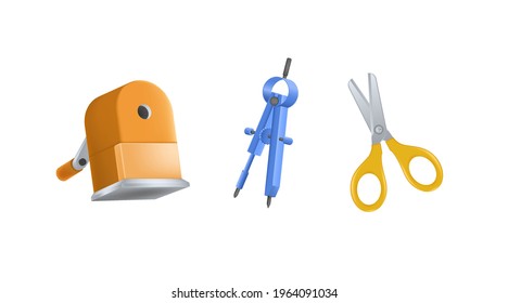 Set 3D stationary for education, school and office. 3D Pencil sharpener, Compasses, Scissor.