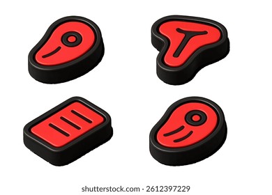 A set of 3D steak icons is available in black and red colors, representing beef or pork meat through vector symbols