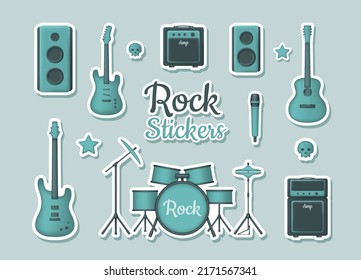 Set of 3d stickers with musical instruments for rock concert on turquoise background. Acoustic, electric and bass guitar, amplifyer, drum kit, sound speakers and microphone. Vector illustration