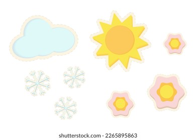 Set of 3D stickers from the sun with different sizes of flowers and cloud with snowflakes. Sticker