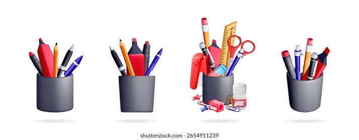 Conjunto de ilustrações de coleção de vetores de estoque 3d apresentando vários elementos de desenhos animados para material escolar e de escritório.