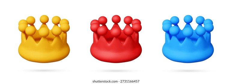 3D-Stock-Vektorkronen in verschiedenen Farben. Lizenzkonzept für König, Königin oder Prinz. Symbol für Macht, Führung und Erfolg.