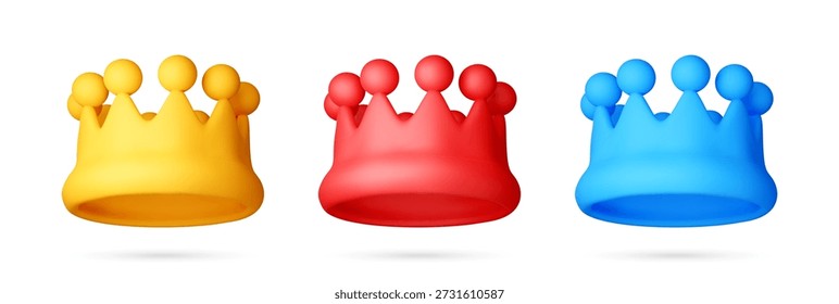 3D-Stock-Vektorkronen-Symbol in verschiedenen Farben. Lizenzkonzept für König, Königin oder Prinz. Symbol für Macht, Führung und Erfolg.