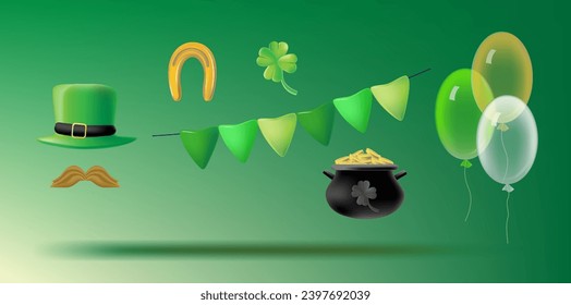 Set 3d St.Patrick Day with shamrock clower leaf, air balloons, pot of gold and leprechaun hat.