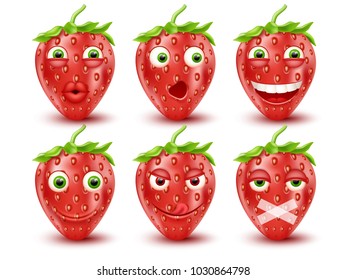 Set of 3d strawberry emoticons. Smileys emoticons.Vector image