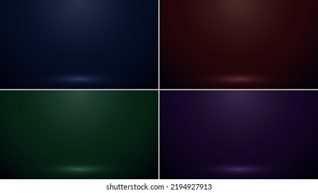 Set of 3D studio room blue, red, green, purple background with spotlight. Vector illustration