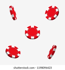 Set of 3d style casino chips or coins in different angles isolated on white.