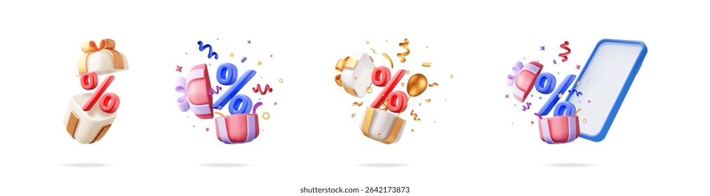 Set of 3d stylized gift box and smartphone with percent sign. Promotional offers design element. Seasonal sale marketing asset.