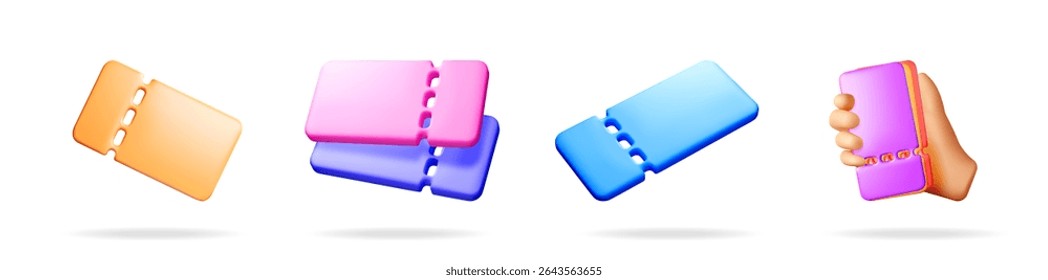 Set of 3d stylized tickets for event entry. Online booking and reservation concept. Prize coupon for entertainment.