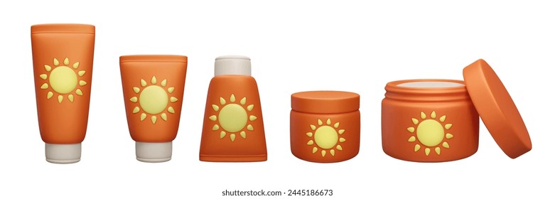 Conjunto de cosméticos de belleza de verano 3D: frasco de crema facial de bloqueador solar SPF, botellas de tubo de loción de protector solar aisladas en blanco. Ilustración de renderizado de Vector de colección de maquillaje de protección solar 3D.