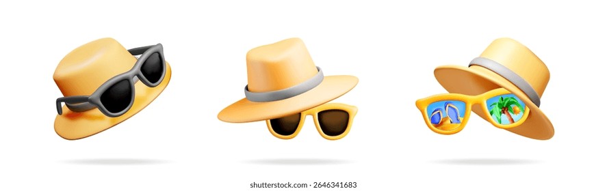 Set of 3d summer hat and sunglasses with holiday reflections. Beach vacation and travel concept. Summer accessories for leisure.