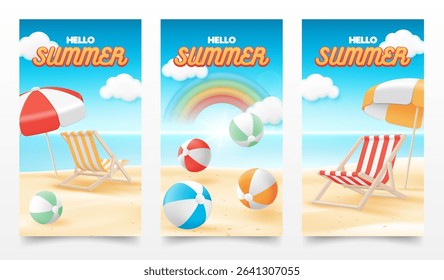 Set of 3d Summer invitation greeting card template with sea, sand, chair, umbrella and rubber ring on beach background for online shop, decoration party, sale discount promotion, social media post