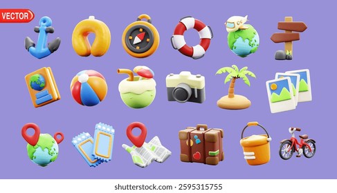 Set of 3D summer travel icons: anchor, float, compass, lifebuoy, globe, signpost, passport, ball, cocktail, camera, palm tree, photos, map, suitcase, bucket, bicycle 
