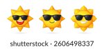 Set of 3D sun emoji icon with sunglasses, isolated on white. Bright yellow sunshine symbol for weather, climate, and summer vacation concepts. Vector illustration.