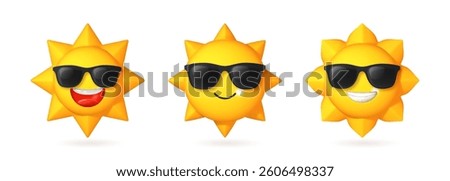 Set of 3D sun emoji icon with sunglasses, isolated on white. Bright yellow sunshine symbol for weather, climate, and summer vacation concepts. Vector illustration.