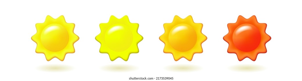 Set von 3D-Sonnensymbolen in verschiedenen Farben. Cartoon-Sonnensymbole