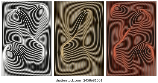 Set 3D Swirl Twirl Distorted lines background. Neon effect Wave Liquid Hippie stripes on black backdrop. Collection Y2K vector aesthetic posters can used Web and social media design. EPS 10