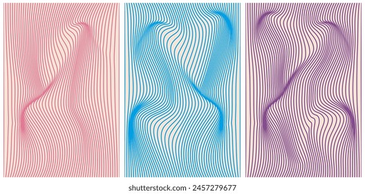 Set 3D Swirl Wave Distorted lines background in Groovy style. Neon effect Liquid Hippie stripes on tender backdrop. Collection artistic Y2K vector posters can used Web and social media design. EPS 10