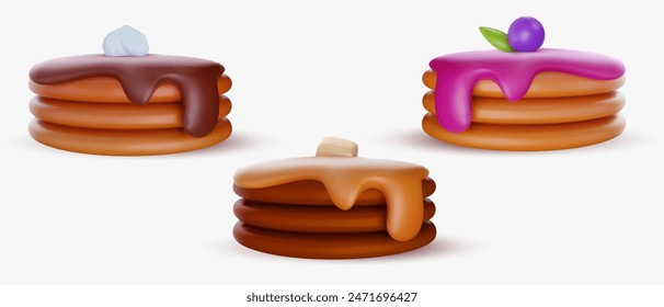 Set de panqueques sabrosos en 3D con miel, chocolate, almíbar en estilo de dibujos animados brillante. Desayuno realista, comida linda. Ilustración vectorial mínima aislada sobre fondo transparente.