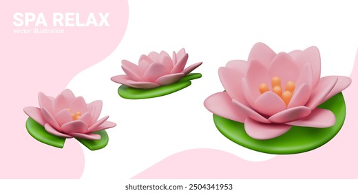 Set von 3D-Vorlagen für Wellness-Entspannung mit Pflanzenkomponenten. Schöne große Lotusblume