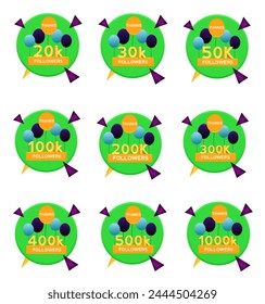 Set of 3D, thanks 20k, 30k, 50k, 100k, 200k, 300k, 400k, 500k, 1000k, followers with colorful theme celebration badge label collection. greething artwork vector design on white background 