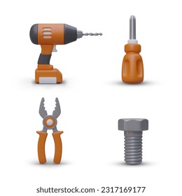 Conjunto de herramientas 3D para reparación. Iconos realistas sobre fondo blanco. Taladro eléctrico, destornillador, alicates, perno. Equipo para trabajo profesional y reparación de casa