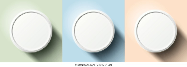 Set of 3D top view white circles round podium isolated on pastel colors background. Circular frame border. You can use for badges, price tag, label, elements, banner, card, etc. Vector illustration