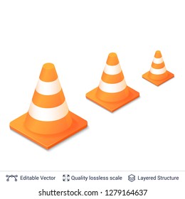 Set of 3d traffic cones isolated on white. Traffic cone icon with orange and white stripes. Vector illustration.