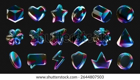 Set of 3d transparent glass shapes with holographic rainbow light and overlay gradient effect. Vector morphism, crystal hologram icon - heart, star, flower, speech bubble and arrow on dark background.