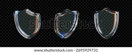 Set of 3D transparent glass shield icon with holographic gradient and light refraction effects on a dark background. Modern security, privacy protection, and data defense symbol.
