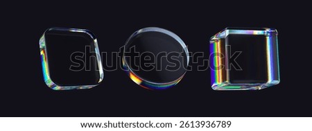 Set of 3d transparent glossy abstract primitives or shapes with dispersion effect. Rainbow colors reflection glass. Vector illustration.
