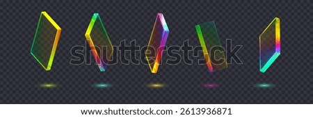 Set of 3d transparent glossy abstract cubes or shapes with dispersion effect. Rainbow colors reflection glass. Vector illustration.