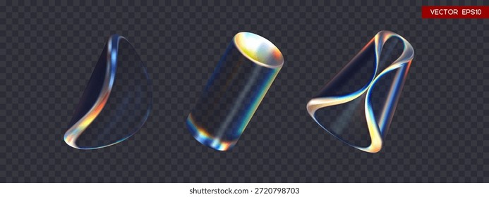 Set aus 3D transparenten schillernden glänzenden Twist runden Formen und Zylinder mit Dispersionseffekt. Regenbogen färbt Reflexionsglas. Vektorgrafik.