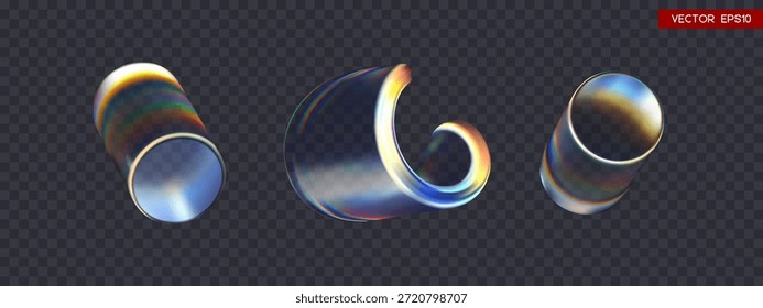 Conjunto de Formas y cilindros redondos de giro brillante iridiscente transparente 3D con efecto de dispersión. El arco iris colorea el vidrio de reflexión. Ilustración vectorial.