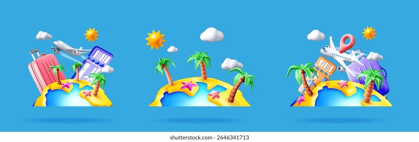 Set of 3d travel element with island, palm tree, luggage, airplane, boarding pass and sun. Summer holiday and flight destination concept.