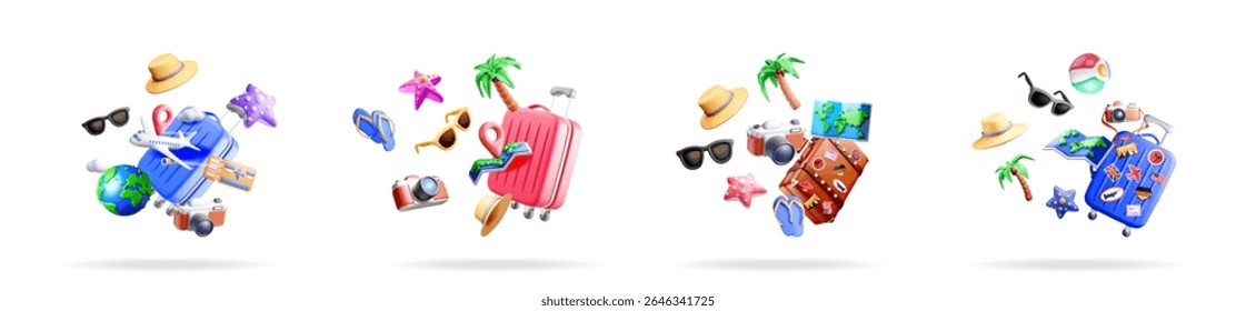 Set of 3D travel illustration in four varieties. Concept of holiday trip preparation for various destinations.