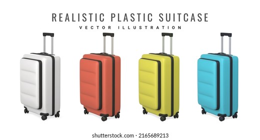 Set of 3D travel trolley bags. Realistic plastic suitcase. Tourism symbol isolated on white background. Vector illustration.