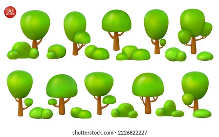 Set 3d tree and bush. Vector park render illustration. Forest and garden landscape isolated on white background.