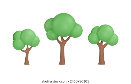 Conjunto de árboles 3D con follaje verde estilizado de Formas simples. Ilustración vectorial. Jardín natural y Elementos ambientales para juegos y paisajes. Bosque caducifolio en estilo plástico.