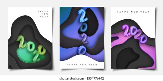 Set of 3d trendy colorful fluid papercut 2020 cover template, happy new year, greeting, celebration banner card