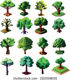 Set von 3D-trendigen, Low-Poly-Baum-dekorativen Vektorelementen