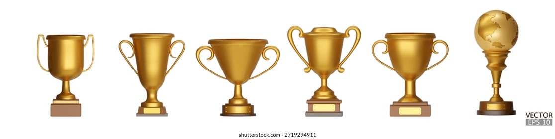 Conjunto de copas de trofeo 3d de oro aislado sobre fondo blanco. Tazas de oro de la concesión, tazas de oro del ganador. Ilustración vectorial 3D.