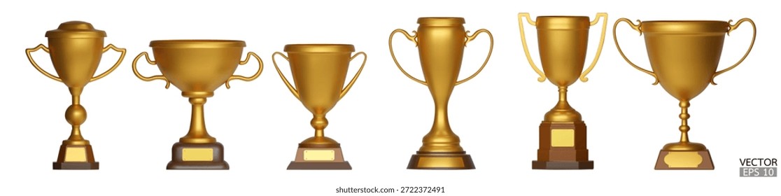 Conjunto de copas de trofeo 3d de oro aislado sobre fondo blanco. Tazas de oro de la concesión, tazas de oro del ganador. Ilustración vectorial 3D.
