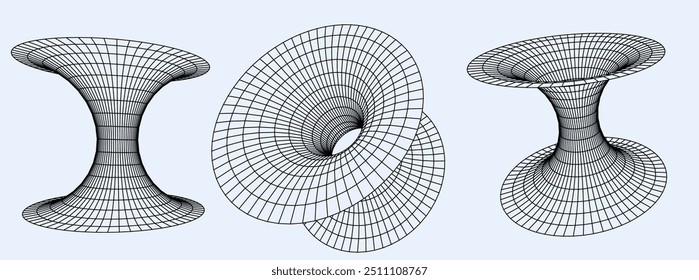 Um conjunto de wireframes de túnel 3D que representa a deformação do tempo e do espaço.