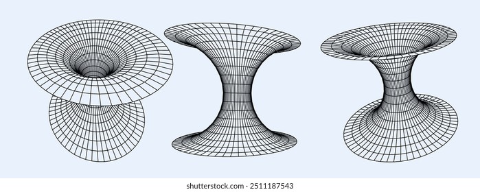 Um conjunto de wireframes de túnel 3D que representa a deformação do tempo e do espaço.